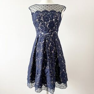 Eliza J Fit n Flare Navy Blue Dress 4 Lace Polka Dots Illusion Neckline Feminine